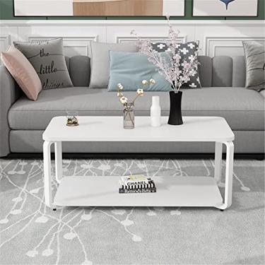 Imagem de Mesa de centro industrial para sala de estar, mesa de coquetel, mesa de chá, mesa central retrô com prateleira, mesa de madeira e moldura de metal, para sala de estar e escritório em casa, com