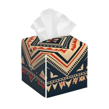 Imagem de Porta-lenços de papel quadrado de couro impermeável boho étnico asteca retrô facial organizador de papel com cinto inferior cubo estojo de lenços para mesa banheiro escritório mesa carro decorativo