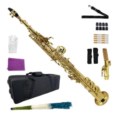 Imagem de YoungMonic Saxofone Soprano Bb Instrumentos de Saxofone Dourado Reto para Estudantes Iniciantes com Alças de Estojo de Transporte de Bocal 10 palhetas (ouro)