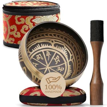 Imagem de Conjunto de tigela tibetana para cantar – Fácil de tocar – Atacante de ponta dupla – Cria um belo som para cura holística, alívio do estresse, meditação e relaxamento – Tigela marrom claro antiga com