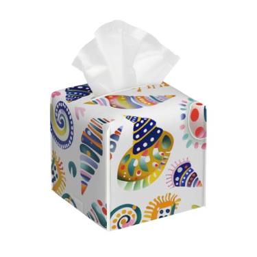 Imagem de Capa quadrada de couro para caixa de lenços à prova d'água, concha colorida, organizador de papel facial do mar, com cinto inferior, estojo de lenços para mesa, banheiro, escritório, mesa, carro