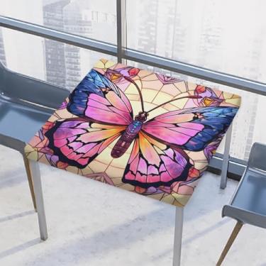 Imagem de hongjinglin Toalha de mesa quadrada para uso ao ar livre com borda elástica, toalha de mesa quadrada limpável fofa borboleta de vidro rosa para ambientes externos, ambientes internos, pátio, sala de
