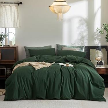 Imagem de FOSSA Conjunto de edredom 100% algodão lavado e linho, super macio, respirável, aconchegante, 3 peças, verde floresta