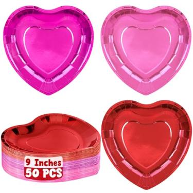 Imagem de QZYL 50 peças de pratos de dia dos namorados, pratos descartáveis de coração de 22 cm, pratos em forma de coração rosa vermelho e rosa, pratos de papel rosa com camada de alumínio, decoração de festa