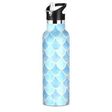 Imagem de Blueangle Garrafa de água de 590 ml com canudo - Garrafa de água esportiva de aço inoxidável sem BPA, linda e colorida à prova de vazamento, design de escamas de sereia para academia, atividades ao ar