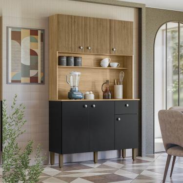 Imagem de Armário Cozinha Compacta Style Freijó/nero/cp-ripado Freijó 6 Portas E 1 Gaveta - Kits Paraná