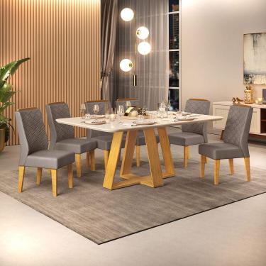 Imagem de Conjunto Sala De Jantar Mesa Com 6 Cadeiras Tampo Curvo 160cm Kiara Cedro/off White Lídia Veludo Lunar - Dj Móveis