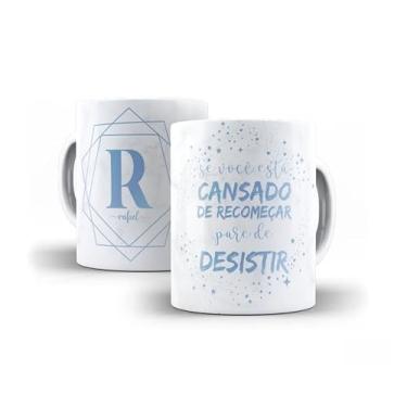 Imagem de Caneca de Cerâmica Personalizada com Monograma e Frase Motivacional, Mármore Branco e Azul, 325ml, Design Geométrico (r)