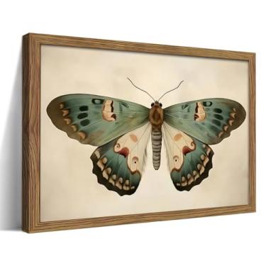 Imagem de Arte de parede de borboleta emoldurada vintage, Dark Moody Antique Insect Canvas Wall Decor Painting, Retro Farmhouse Moth Artwork Prints Pictures for Bedroom Cottagecore Decor 12x16 polegadas
