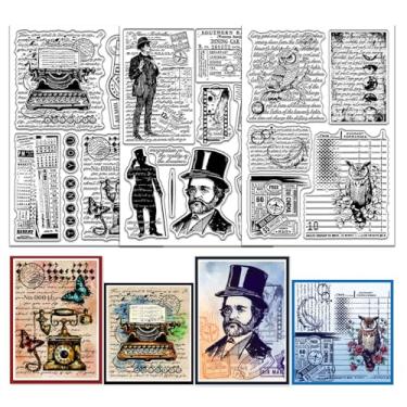 Imagem de GLOBLELAND Carimbo transparente com textura de fundo vintage de 3 folhas para scrapbook, máquina de escrever, telefone, selos de silicone, cavalheiro, coruja, conjunto de carimbos transparentes para