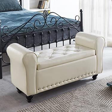 Imagem de FAMEOYA Banco otomano de armazenamento armado de couro PU, banco de armazenamento de braço enrolado, moderno banco de cama tufado, banco de entrada, banco de madeira para sofá, apoio para os pés bege
