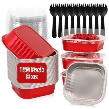Imagem de FORBFAN Mini formas de bolo descartáveis de 227 g com tampas, pacote com 150 copos quadrados de folha de alumínio com colheres, latas de bolo descartáveis vermelhas