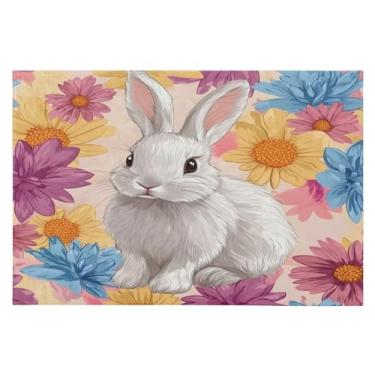 Imagem de CEBUGI Tapete de área 60 x 90 cm macio lavável tapete antiderrapante com suporte de borracha tapetes florais de coelho para sala de estar, quarto, decoração de casa