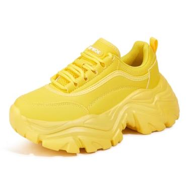 Imagem de K KIP WOK Tênis feminino grosso, moderno, plataforma, de couro branco, casual, para pai, confortável, plataforma, tênis esportivo, Amarelo, 41