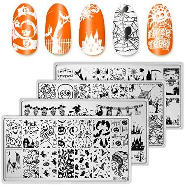 Imagem de Whaline 4 peças de placas de arte de unhas de Halloween, modelos de carimbos, kit de estampagem, impressão faça você mesmo, design de salão de manicure