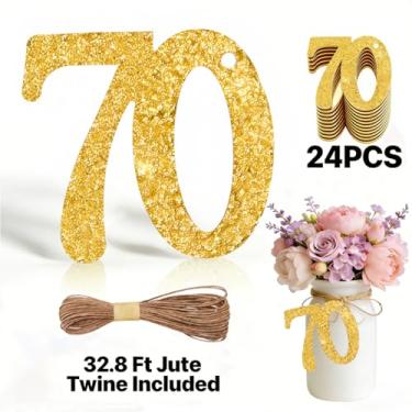 Imagem de ALISSAR 24 peças de etiquetas de ouro com 70 números com barbante de juta de 32,8 m – decorações de aniversário de 70 anos, artigos de festa de 70 anos, peças centrais de pote de pedreiro, kit de