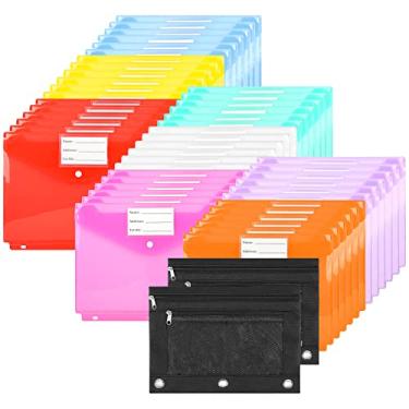 Imagem de Qixin 48 + 2 peças multicoloridas A4 3 pastas de bolso com bolsos, bolso com zíper, 3 pastas para organizador de fichário com etiqueta, envelopes de plástico tamanho carta com fecho de pressão