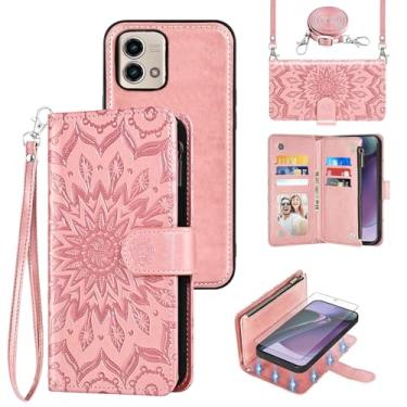 Imagem de Capa de celular para Motorola Moto G Stylus 5G 2023 com zíper carteira magnética destacável com protetor de tela alça transversal alça flip porta-cartões GStylus G5 XT2317DL XT2315-5 ouro rosa