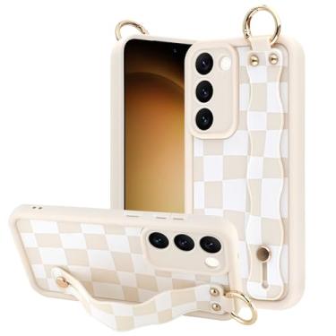 Imagem de OOK Capa quadriculada compatível com Samsung Galaxy S23 5G com alça de pulso, linda capa fina de TPU quadriculado branco quadriculado à prova de choque com proteção de câmera para mulheres e meninas