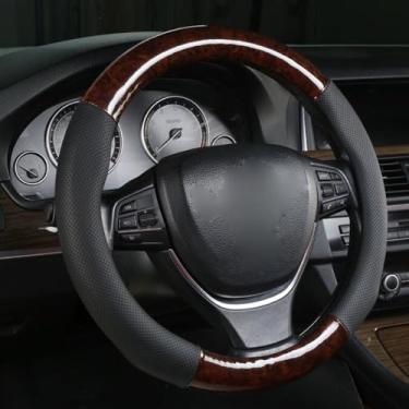 Imagem de Knonip Capa de volante de grão de madeira de 38 cm couro PU respirável antiderrapante macio acolchoado protetor de volante automático resistente (café)