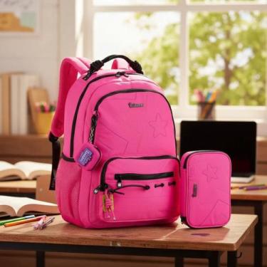 Imagem de Mochila de Costa e Estojo Box Luluca Juvenil Infantil Original, Rosa, 