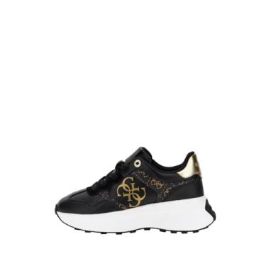 Imagem de GUESS Tênis de plataforma, preto e dourado, sola branca, design de logotipo, Castanho, 35