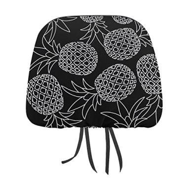 Imagem de Textura de abacaxi sem costura preto escuro branco padrão retrô 1 peça capa protetora universal para assento de carro, capa macia para encosto de cabeça de carro, acessórios de decoração para a