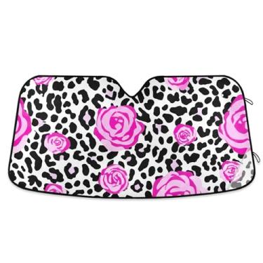 Imagem de Persiana de sol rosa rosa com estampa de leopardo preto e branco para para-brisas de carro de caminhão dobrável engraçado para janelas dianteiras retrátil automotivo S, 134,6 cm x 59,7 cm