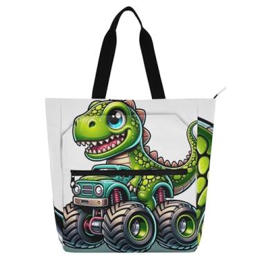 Imagem de GAIGEO Sacola de desenho animado dinossauro caminhão monstro para crianças mochila escolar com zíper linda estampa animal bolsa utilitária reutilizável