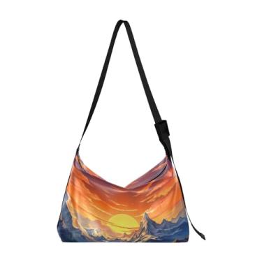Imagem de Bolsa de ombro masculina de couro com folhas de lavanda em aquarela, bolsa transversal grande, alça de ombro ajustável, Montanha com pôr do sol colorido - 2, One Size