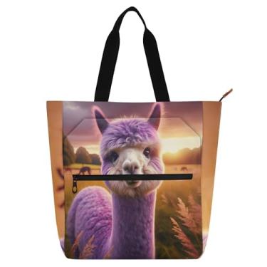 Imagem de GAIGEO Sacola de trabalho engraçada de alpaca roxa para mulheres, bolsas de tecido de lona, bolsa de mão para faculdade, escola, crianças, com compartimentos