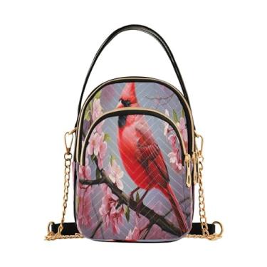 Imagem de GAIGEO Bolsa tiracolo feminina de basquete com fogo e água, bolsa tiracolo casual com corrente dourada, Pássaro vermelho no ramo das flores cor-de-rosa - 4, One Size