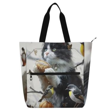 Imagem de GAIGEO Bolsa de trabalho feminina com estampa de pássaros de gato, bolsa escolar universitária, presente para professores, para amantes de livros