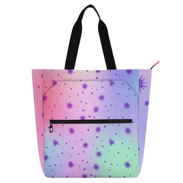 Imagem de GAIGEO Bolsa de trabalho feminina colorida pastel macia com estrelas roxas sacola de lona com zíper bolsa de praia para professores de presente para amantes de livros