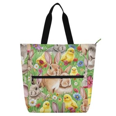 Imagem de GAIGEO Bolsa de trabalho feminina amarela coelho pintinhos flor verde bolsa de trabalho lona faculdade escola bolsas senhoras crianças bolsas amantes de livros