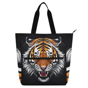Imagem de Bolsa de trabalho preta com cabeça de tigre irritada para mulheres, bolsas de tecido de lona, faculdade, escola, professores, livros, presente para amantes de livros