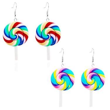 Imagem de TIANHONGYAN Conjunto de 2 pares de brincos com pingente de pirulito arco-íris colorido e criativo adorável redemoinho pirulito doce conjunto de brincos para mulheres e meninas, Metal, NC