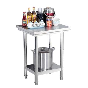 Imagem de Mesa de aço inoxidável para preparação e trabalho, preparação de metal e mesa de trabalho, mesa de trabalho comercial com armazenamento embaixo da prateleira, mesa de cozinha, com prateleira e pé de