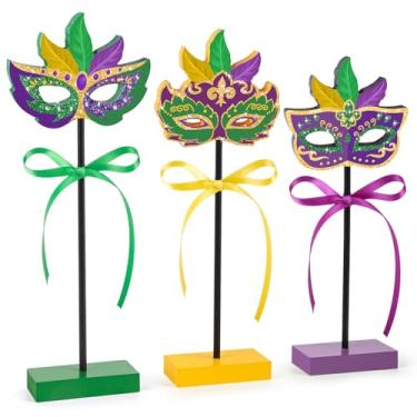 Imagem de Sereliy 3 peças de decoração de mesa de carnaval conjunto de máscaras de madeira com glitter placas de carnaval para festa, decoração de casa e cozinha (máscara)