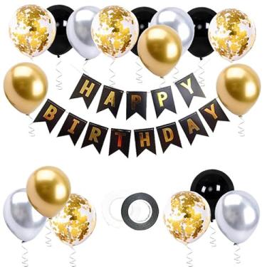 Imagem de BIEUFBJI Banner de feliz aniversário dourado preto balão de látex para mulheres, homens, crianças, artigos de decoração de festa de aniversário