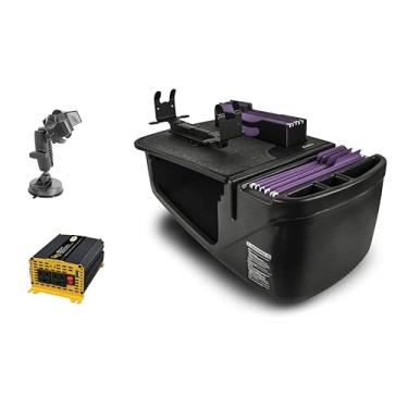 Imagem de AutoExec Mesa de carro Efficiency FileMaster para sua estação de trabalho de veículo e escritório móvel, preta, com inversor de potência de 400 watts, suporte de impressora e suporte de telefone com