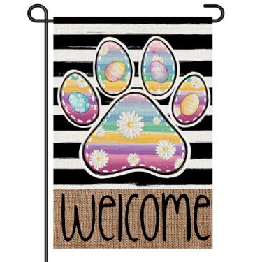 Imagem de Bandeira de jardim com estampa de pata de páscoa, 30,5 x 45,7 cm, sinal de quintal pequeno de dupla face, bandeira de boas-vindas de arco-íris e margarida para decoração ao ar livre, decorações de