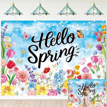 Imagem de Hello Spring Pano de fundo borboleta flores primavera fotografia fundo Páscoa pano de fundo para fotos crianças aniversário chá de bebê decoração banner (20 x 1,8 m: 244 x 183 cm)