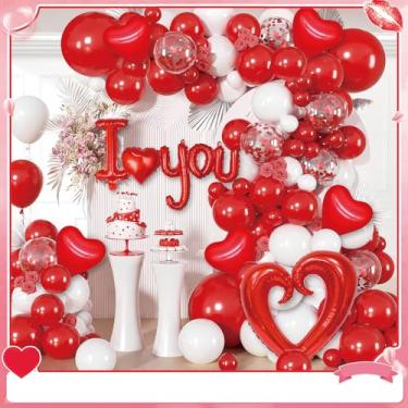 Imagem de 109 peças de decorações vermelhas de dia dos namorados com balões vermelhos de coração e balão do amor, pétalas de rosa falsas para decoração de casamento, decorações de aniversário românticas com