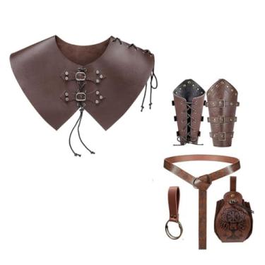 Imagem de SUMGOGO Armadura de ombro de couro medieval com capa, bolsa de cinto, braçadeira, xale de gola de guerreiro viking, fantasia de cosplay renascentista, marrom, tamanho único, Marrom, One Size Fits Most