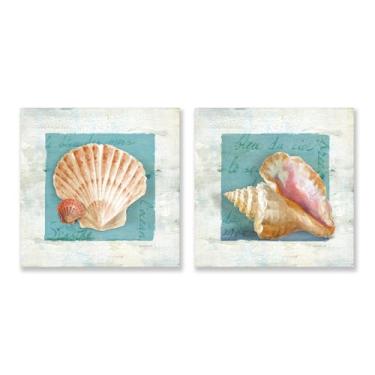 Imagem de Arte de parede concha decoração de parede de banheiro azul-petróleo tema oceano impressões em tela pintura náutica arte costeira vintage vieira concha pôster para quarto sala de estar decoração de