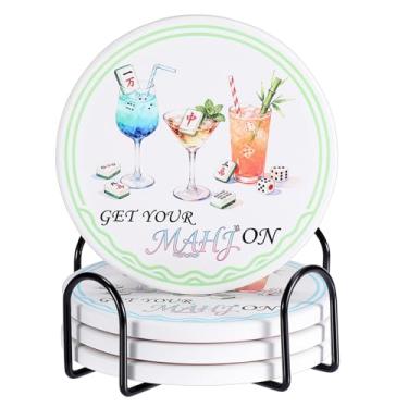 Imagem de Hoowen Porta-copos de Mahjong com suporte, porta-copos de cerâmica para bebidas, conjunto de 4, porta-copos redondos absorventes, presente de Mahjong e acessórios para a maioria dos copos, jogos de