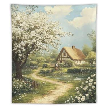 Imagem de Tapeçaria de casa de campo de palha de primavera, pintura a óleo, caminho de árvore branca, decoração de jardim rural pitoresco para sala de estar, quarto, decoração de arte de natureza sazonal
