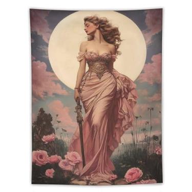 Imagem de Blush Gown Celestial Tapeçaria Elegante Poised Lady By Glowing Full Moon With Delicate Pink Blossoms For Dorm Bedroom Apartment Cozy Chic Elegante Decoração de Parede Tapeçaria 152 cm x 203 cm