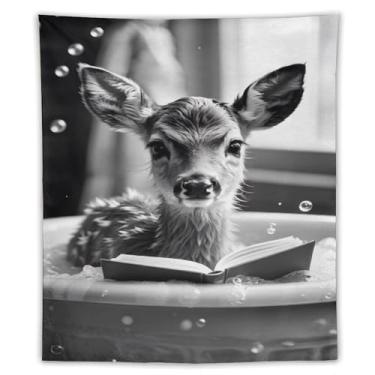 Imagem de Tapeçaria de leitura de cervo bebê na banheira preto branco bolhas cena adorável arte animal pendurar na parede decoração de casa caprichosa para banheiro, sala de estar, ambiente lúdico, tapeçaria 70